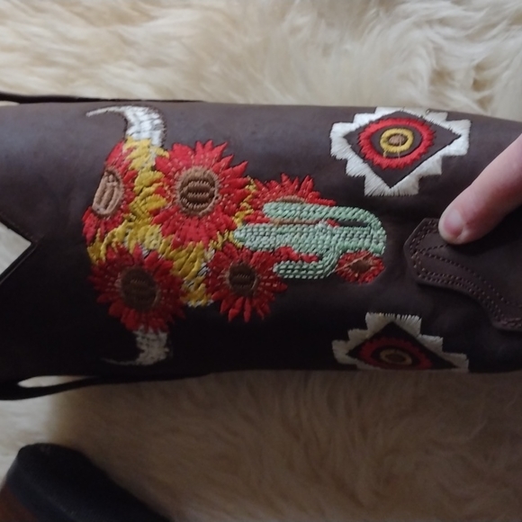 New Handmade Chocolate Brown Embroidered Cowhide Leather Square Toe Size 8.5 - Picture 6 of 12